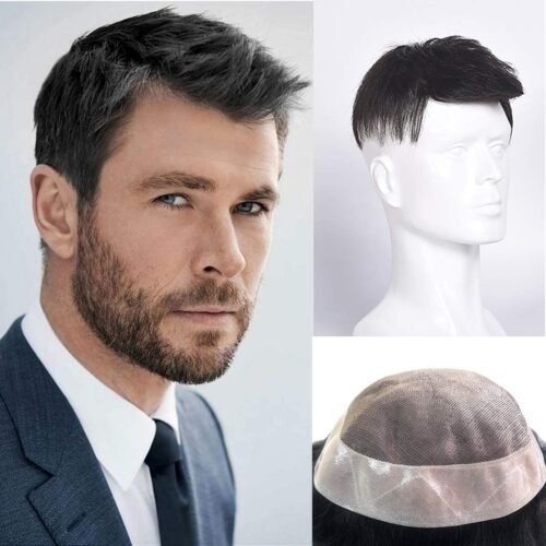 PREMIUM Mono Hair Patch 100% Silky and Soft Human Hair Wigs Original for Men Undetectable, Natural Looking and Lightweight Mens Hair System can be Fix Hair Patch Tape, Clips or Glue, Natural Brown Hair